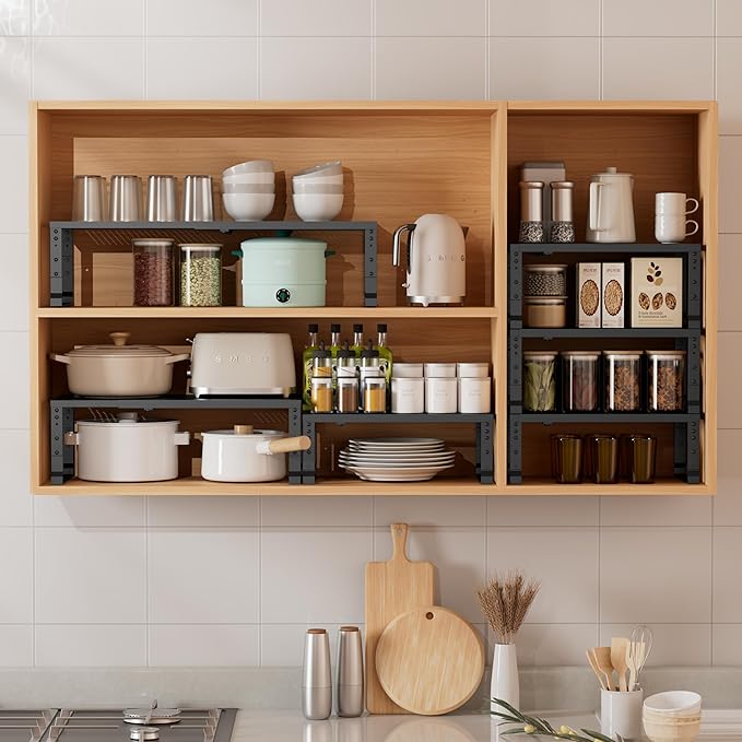 Metal Stackable Expandable Storage Shelf - Multi-Functional Home Storage Shelf, Suitable for Kitchen, Cabinet,Bathroom, Office, Garage, etc.(3PACKS/Black/Large