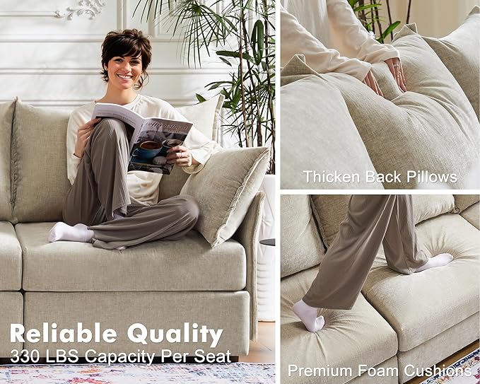 Oversized Accent Chair, Upholstered Modern Sofa Chair with Removable Backrest & Detachable Cover, 24.5" Deep Seat Large Reading Armchair for Living Room Bedroom Office - Chenille Beige Set of 2