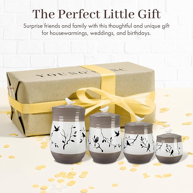 Young's 4 Piece Ceramic Canisters Sets for Kitchen, Country Style Ceramic Containers for Flour, Sugar, Tea and Coffee, Storage Containers with Lids 10.75"