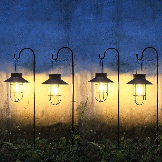 4 Pack Hanging Solar Lantern Lights with Shepherd Hook, Metal Waterproof Warm White Edison Bulb Lights for Garden Outdoor Pathway