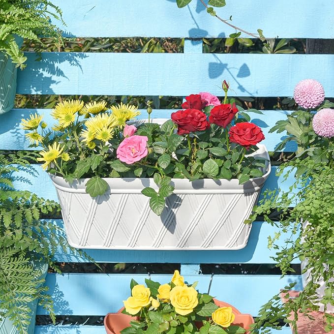 Sungmor 3 Pack Wall Hanging Planters, 16.5 Inch Railing Fence Hanging Flower Pots, Thickened Plastic Water Storage Plant Pot, Indoor Outdoor Garden Balcony Decor, Light Grey Large Plant Basket