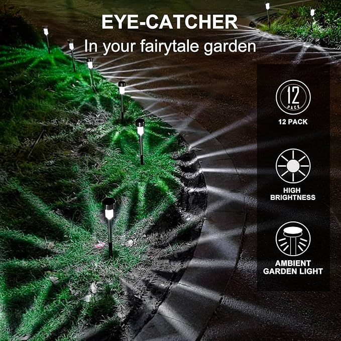 Solar Lights Outdoor Waterproof, Stainless Steel LED Landscape Lighting, Solar Garden Lights Solar Powered, Outdoor Solar Lights for Yard, Pathway, Walkway, Patio , Lawn - 12 Pack ( Cold White )
