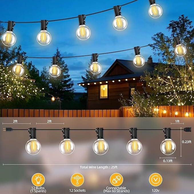 25FT G40 LED Outdoor String Lights with 12+1 Bulbs, E12 Socket, 2700K Warm White, Commercial Grade Weatherproof & Connectable for Garden, Patio, Backyard, Bistro, Porch, Deck, Gazebo, Camping, Party