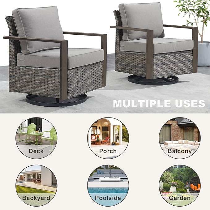 Outdoor Patio Swivel Rocker Chairs - Wicker Rattan Patio Swivel Rocking Chairs Set of 2 with Metal Wide Armrest, Thick Cushions and Deep Seating for Deck Porch Sunroom Garden(Mixed Grey/Grey)