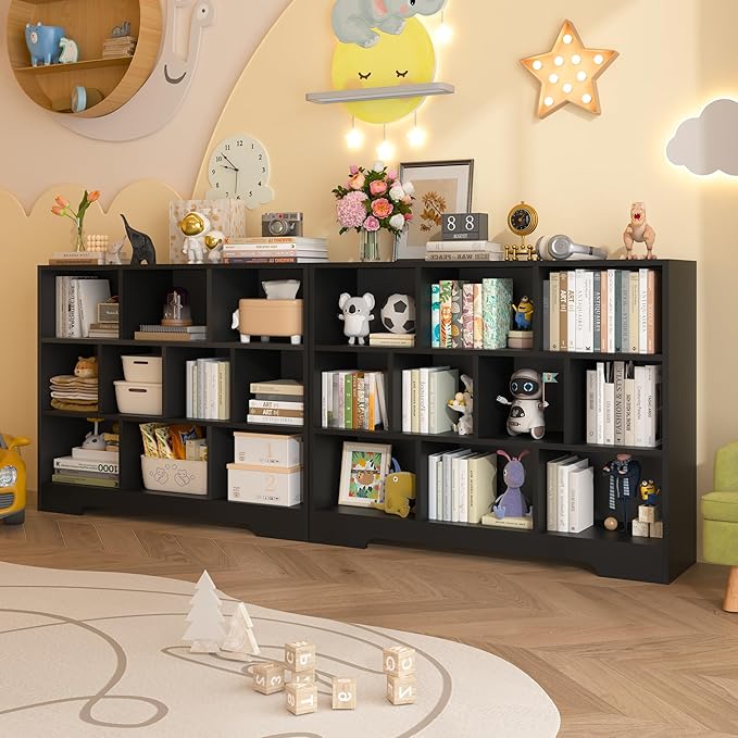Book Shelf, 10 Cubes Storage Organizer, Freestanding Black Bookshelf Cube Shelf for Bedroom, Living Room, 3-Tier Open Bookshelf Wooden Bookcase