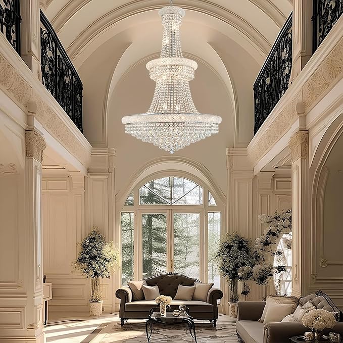 High Ceiling Chandelier 19-Lights Modern Crystal Chandeliers Silver Large Foyer Chandelier Fixtures for Staircase Living Room Hallway Entryway (H47 x W31.5)