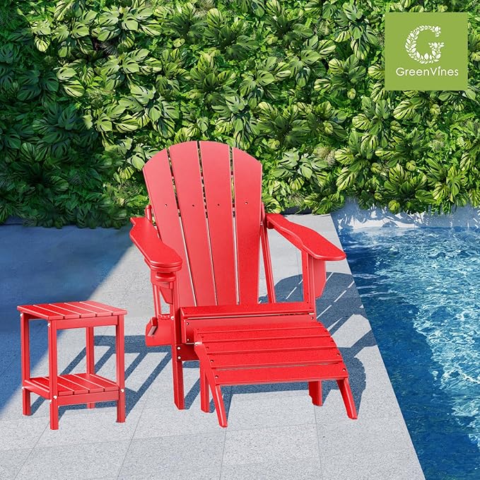 GREENVINES Adirondack-Ottoman | HDPE Plastic | Outdoor Footrest | All Weather | Foot Rest | Foot Stool | Red | for Adirondack Chair | for Patio Backyard Pool