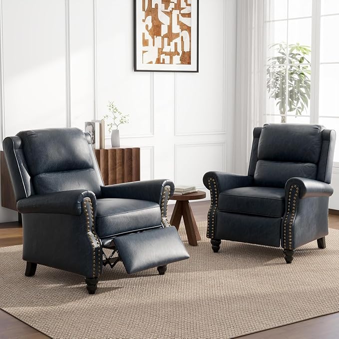 UIXE Pushback Recliner Chair, Faux Leather Armchair Overstuffed Accent Chair for Living Room, Rivet Trim Club Chair Home Theater Single Sofa Bedroom Side Reading Seat - Navy Blue