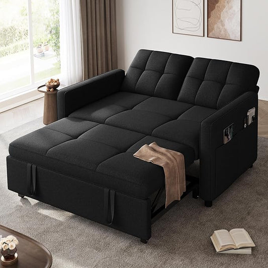 YITAHOME 55" Convertible Sofa Bed, 3-in-1 Sleeper Sofa with Iron Frame Pull-Out Bed, Linen Futon Couch with Reclining Backrest and Side Pocket, Modern Loveseat for Living Room Bedroom Apartment, Black