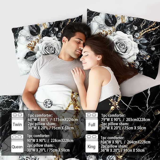 Marble Floral Comforter Set for Queen Bed Women,Vintage Flower Bedding Set Queen,White and Black Comforter Rose Quilt for Girls,Rose Bedding Floral Bedroom Decor Adults
