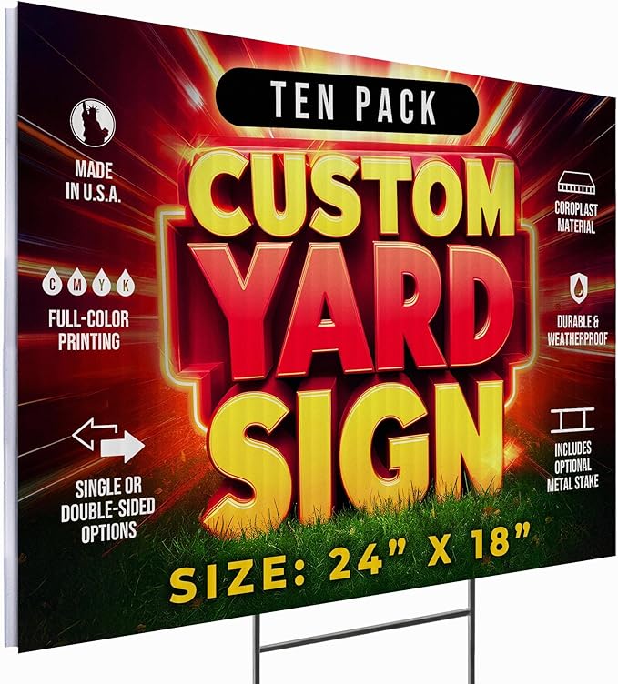 10 Pack 24"x18" Custom Yard Signs with Stakes, Personalized Yard Signs for Outdoors, Customized Full Color Print Corrugated Signs for Business