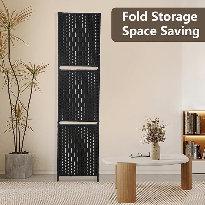Room divider 4 panel Room Screen Divider Wooden Screen Folding Portable Partition Screen Wood with Removable Storage Shelves Color,Black