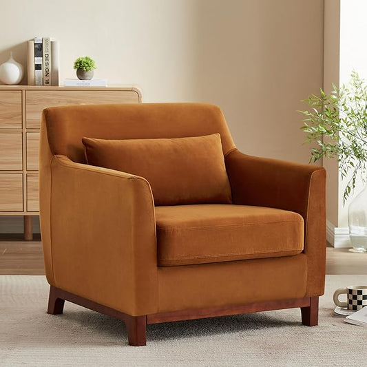 Extra Deep Accent Chair, Fabric Upholstered Comfy Reading Armchair for Living Room, Bedroom Single Seat Sofa Chair with Wood Base, Curry