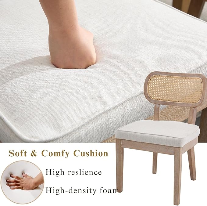 Rattan Dining Chairs Set of 6 Farmhouse Wood Kitchen Chairs with Cane Back Upholstered Curved Backrest Dinner Chair Rustic Armless Side Chair for Dining/Living Room/Restaurant, Beige