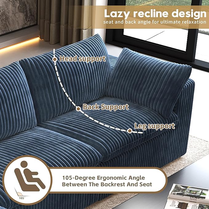 118" 3-Seater Cloud Sofa,Modular Sectional Couch,Modern Deep Seat Upholstered Couches with Plush Corduroy Fabric for Living Room Furniture,Bedroom and Apartment,No Assembly Required,Blue