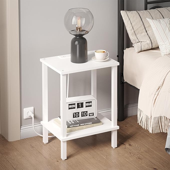 TUTOTAK End Table with Charging Station, Small Side Table with Outlets, Nightstand Bedside Table, 2-Tier Storage Shelf for Small Space, Living Room, Bedroom, White TB01BW040
