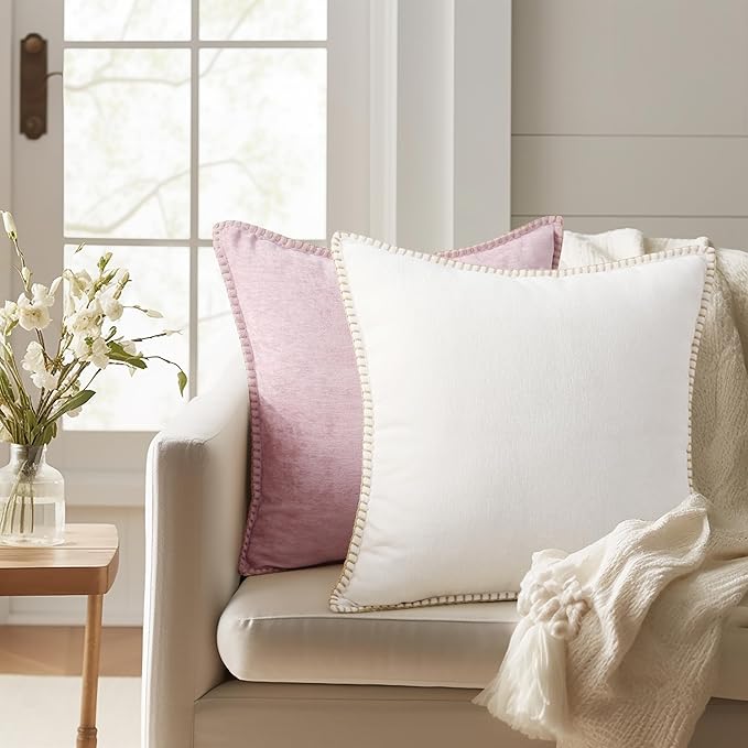 decorUhome Chenille Soft Throw Pillow Covers 20x20 Set of 2, Farmhouse Velvet Neutral Decorative Euro Pillow Covers with Stitched Edge for Couch Sofa Bed Home Decor, Cream White