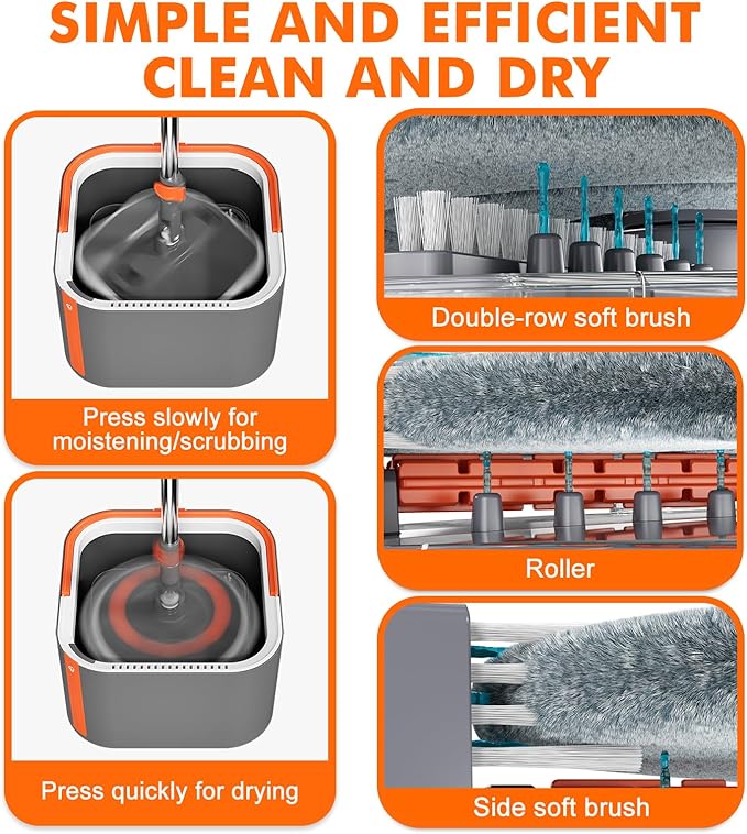 Upgraded Spin Mop and Bucket Self-Standing Mop Bucket Separate Dirty and Clean Water System Self Wringing 360° Rotating Clean Mop and Bucket Set (Drak Gray, 14Pads Mop and Bucket Set)