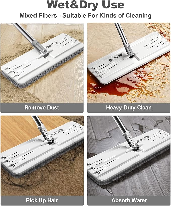 JOYMOOP White Flat Mop & Bucket with 1 Microfiber Pad, 12 Disposable Toilet Brushes, Stainless Steel Toilet Brush and Holder Set, Multi-Functional Cleaner for Floors, Windows, and Toilets