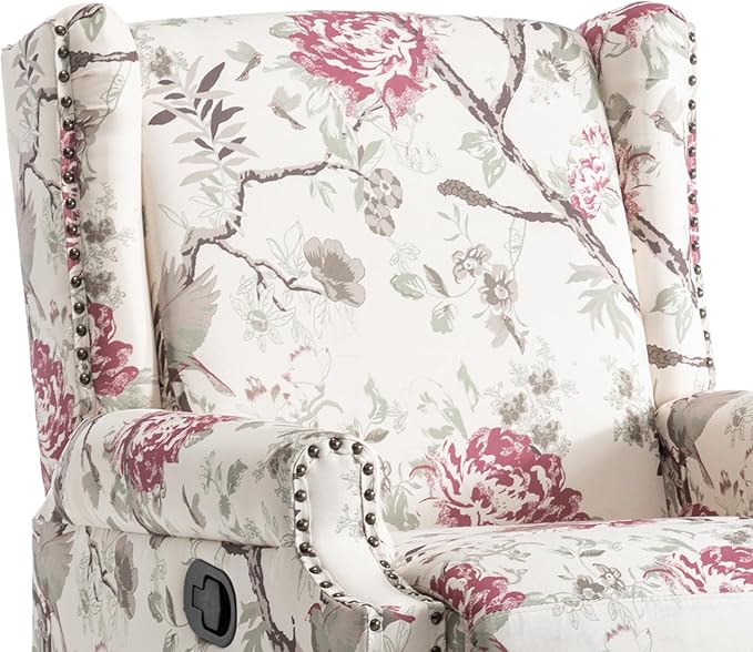 UIXE Swivel Rocker Manual Recliner Chair, Wingback Swivel Glider Fabric Nursery Reclining Sofa Chair, High Back Upholstered Arm Chair for Living Room Bedroom - Beige Floral