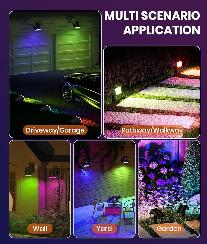 Solar Spot Lights Outdoor 2-Pack Multicolor IP65 Waterproof RGB - 6 Colors, 2 Modes, 105° Adjustable 58 LED Flood Lights, Solar Powered Spotlights for Yard, Garden, House & Landscape Lighting Outside
