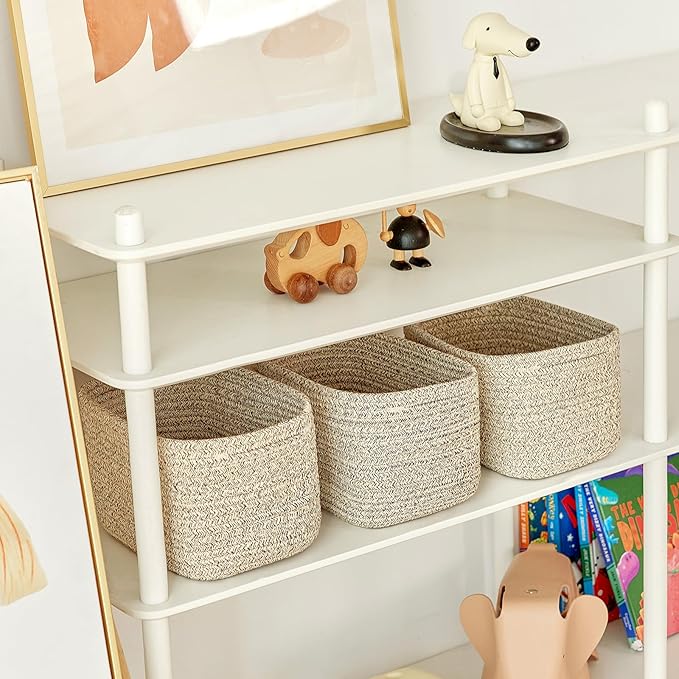 Small Cotton Rope Storage Basket Set of 3-11"x7"x7" Perfect Woven Baskets for Storage, Ideal Storage Baskets for Organizing Toys, Towels, and More - Baskets for Shelves and Home Decor(Beige)
