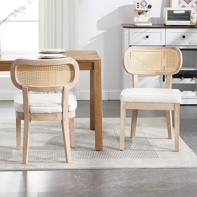 Rattan Dining Chairs Set of 6 Farmhouse Wood Kitchen Chairs with Cane Back Upholstered Curved Backrest Dinner Chair Rustic Armless Side Chair for Dining/Living Room/Restaurant, Beige