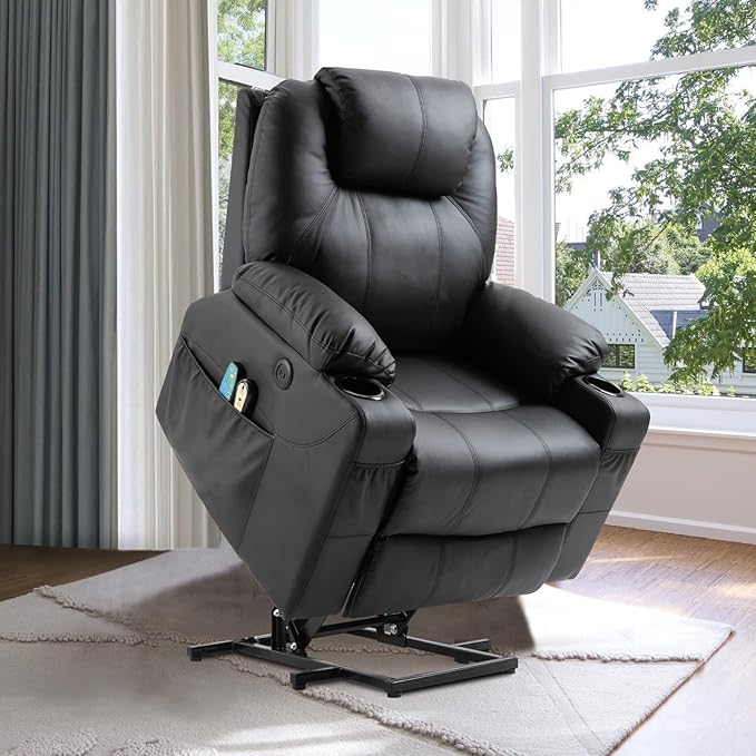 VIVIJASON Power Lift Chair Electric Recliner for Elderly Heated Vibration Massage Faux Leather Recliner Chair with 2 Remote Controls, Cup Holders, Side Pockets & USB Ports for Living Room (Black)