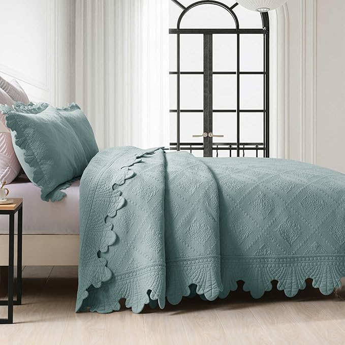 MarCielo 3-Piece 100% Cotton Oversized Bedspread Lightweight Quilt Coverlet Embroidery Farmhouse Bedding Set (Tk Aqua Green, Oversized King (118"x106"))
