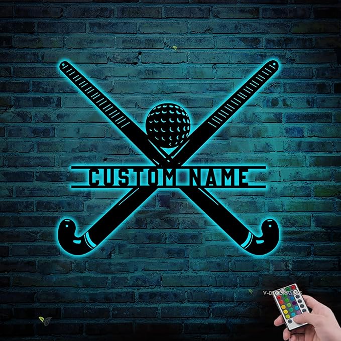 Custom Hockey LED Wall Sign - Hockey Metal Wall Art with Helmet & Sticks, 16-Color LED with Remote Control, Hockey Decor for Boys Room, Players, Fans, Coaches, Man Cave, Sports Lovers