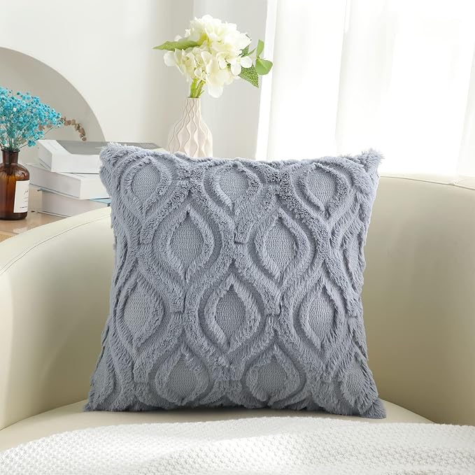 decorUhome Fall Throw Pillow Covers 16x16 Inch Set of 2, Soft Plush Decorative Faux Fur Blue Grey Solid Couch Pillow Covers, Accent Farmhouse Neutral Square Euro Pillow Cases for Sofa Bed Living Room