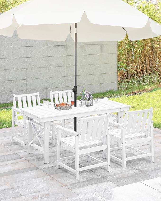 HDPE Outdoor Dining Set of 6, Patio Dining Table Set with 4 Chairs and 1 Bench, 6 Pieces HDPE Dining Set with Umbrella Hole, Outdoor Furniture Sets for Deck, Poolside, Garden, Pearl
