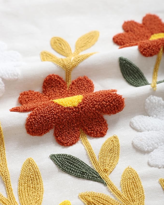 Throw Pillow Cover with Sunflower Embroidery – 18x18 inch Handmade Punch Needle Cushion – 100% Cotton Decorative Pillow for Couch, Bed or Living Room – Boho Floral Home Decor