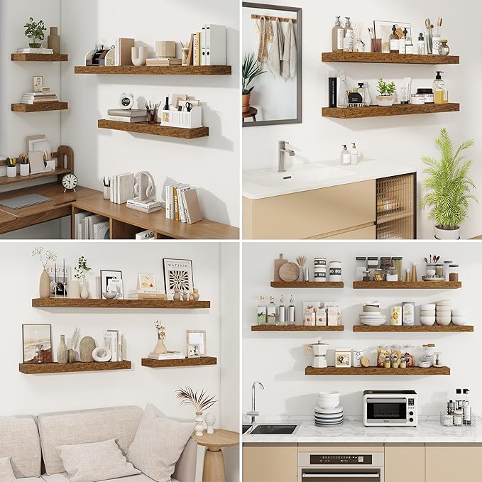 fuqing Floating Shelves for Wall, Bathroom Shelf Wall Mounted for Storage, Shelves with Invisible Bracket for Bedroom, Kitchen, Living Room, Farmhouse Small Book Shelf, 48 Inch Set of 2, Rustic Brown