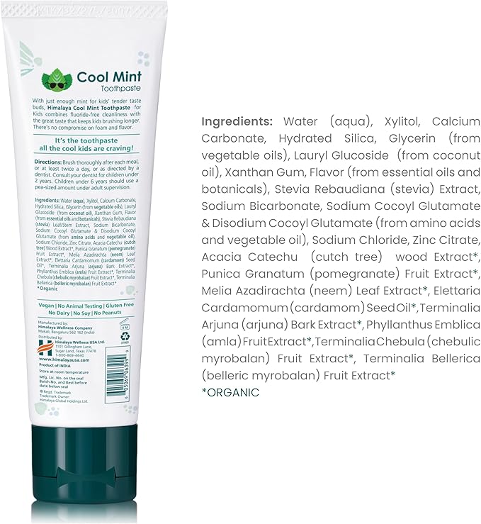 Himalaya Botanique Kids Toothpaste, Herbal, Cool Mint Flavor, Fights Plaque, Fluoride Free, Gentle, No Artificial Flavors or Colors, SLS Free, Gluten Free, Cruelty Free, Vegan, Foaming, 4 Oz, 4 Pack…