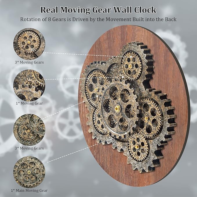 HOIBAI Large Wall Clock 24 Inch Large Clocks for Living Room Decor with Moving Gears Vintage Industrial Steampunk Farmhouse Big Clock for Home Kitchen Bedroom Office