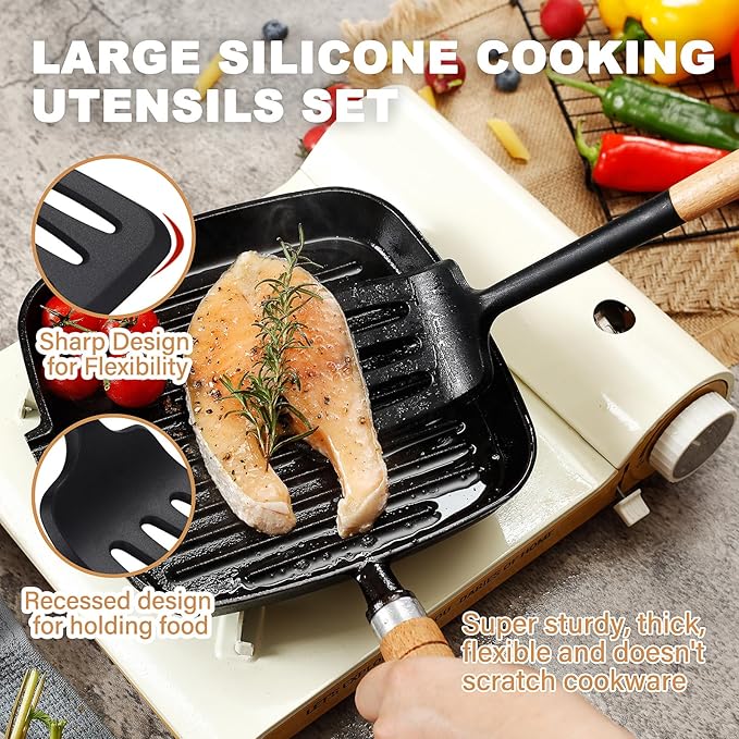 QMVESS Silicone Cooking Utensils Set, Kitchen Utensils Set 7 Pcs with Long Wooden Handle, Food Grade and Heat Resistant Large Silicone Spatula Set for Nonstick Cookware, BPA Free(Black)