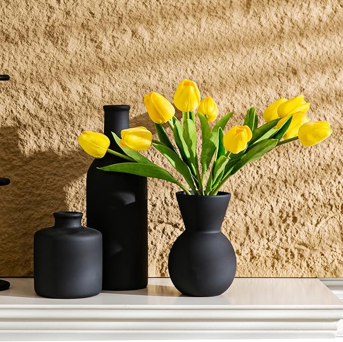 Fake Flowers in Vase for Centerpieces, Faux Flowers in Modern Ceramic Vase Set of 3 with 8 Artificial Autumn Chrysanthemums Home Decor