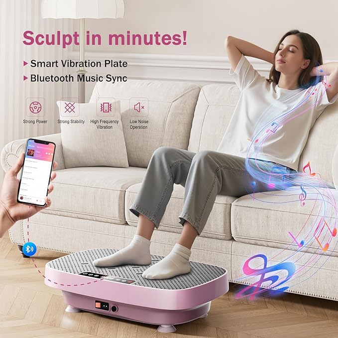 Vibration Plate Exercise Machine, Ultra-Quiet Vibration Plate for Lymphatic Drainage & Body Toning, Whole Body Vibration Platform with Bluetooth, Resistance Bands, Home Gyms Equipment
