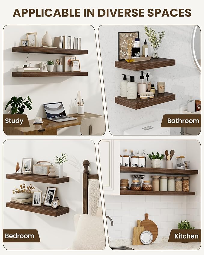 Marsmiles 16" Floating Shelves for Wall, Wooden Shelves with Invisible Brackets Set of 2, Rustic Farmhouse Wall Mounted Shelf for Kitchen Bathroom Living Room Study, Walnut