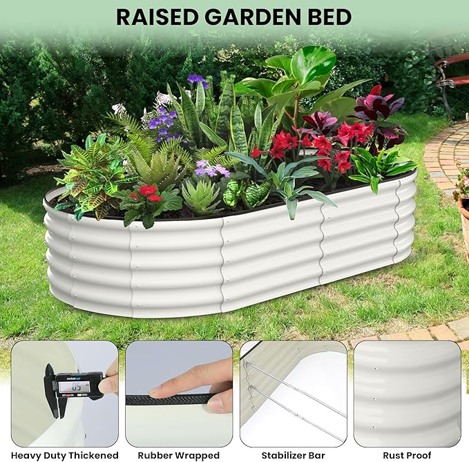 2 Pcs 6x3x1.5ft Oval Raised Garden Bed, Galvanized Raised Beds,Open-Ended Base Metal Raised Planter Beds,Garden Bed Outdoor,Planter Raised Boxes for Vegetables, Flowers,Tool-Free Asse,White