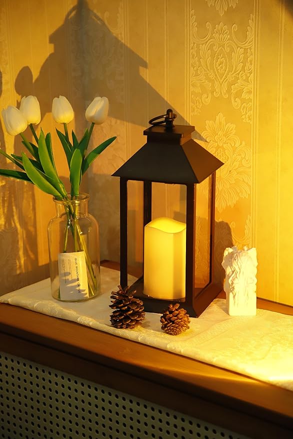 YAKii Hanging Glass Panes Lantern Portable Led Lantern Decorative Operated by 3AAA Battery Use for Garden Yard, Indoor Decoration Candle (Black)