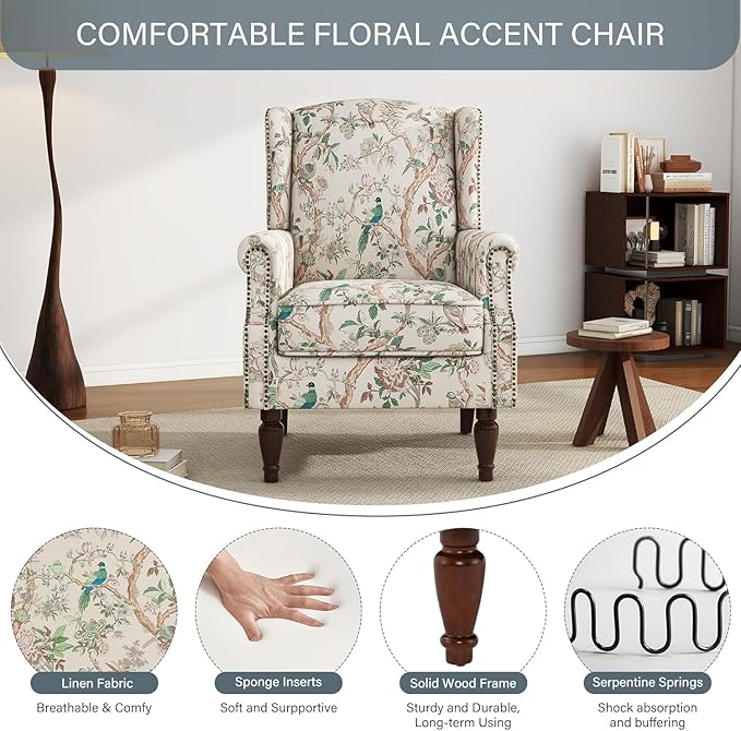 UIXE High Back Floral Accent Chair, Upholstered Armchair in Fabric for Living Room, Retro Printed Wingback Arm Chair Comfy Single Sofa Bedroom Reading Seat with Solid Wood Legs - Bird Pattern