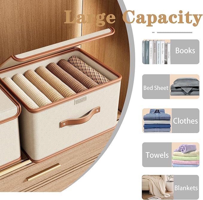 Tuza 2 Pack Storage Bins with Lids, Collapsible Closet Organizer Container, Fabric Organizer Box with Handles, Decorative Storage Boxes with Lids for Organizing Clothes, Blanket, White, Extra Large