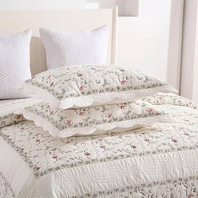MarCielo 3-Piece 100% Cotton Oversized Bedspread Lightweight Quilt Coverlet Embroidery Farmhouse Bedding Set (TC Soft White,Oversized Queen (100"x106"))