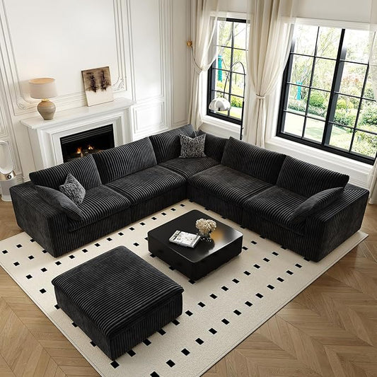 118" Cloud Couch Oversized Modular Sectional Sofa for Living Room,Modern Sofa with Deep Seat,6 Seater Boneless Couch,Comfy Upholstered Corduroy Couches for Apartment, Studio, Office,Bedroom,Black