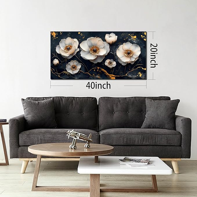 White Flower Wall Canvas Art for Bedroom - Black and White Wall Art for Living Room - Home Office Decor Wall Size 20" x 40"