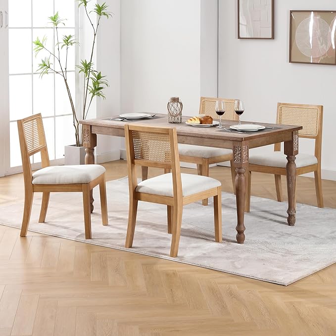 Westice Rattan Dining Chairs Set of 4, Farmhouse Natural Dining Room Chairs with Upholstered Cushion, Wood Armless Chairs for Kitchen/Restaurant