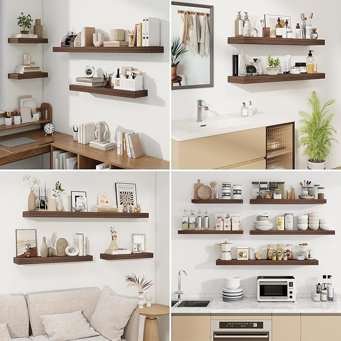 fuqing Floating Shelves for Wall, Bathroom Shelf Wall Mounted for Storage, Shelves with Invisible Bracket for Bedroom, Kitchen, Living Room, Farmhouse Small Book Shelf, 24 Inch Set of 2, Walnut