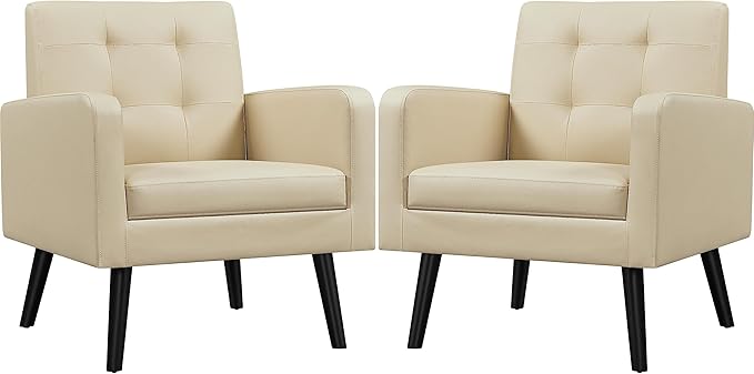 Yaheetech Mid-Century Accent Chairs, PU Leather Modern Upholstered Living Room Chair, Cozy Armchair Button Tufted Back and Wood Legs for Bedroom/Office/Cafe Beige 2PCS